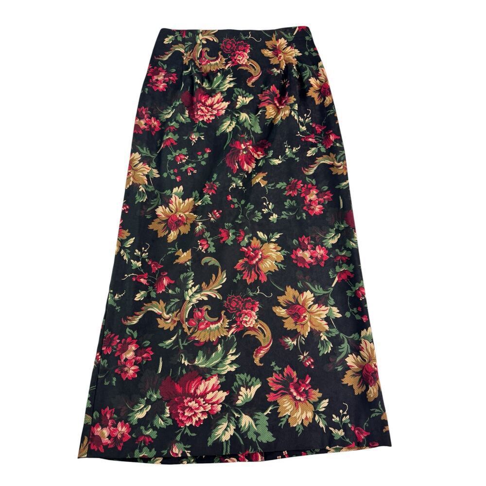 Briggs New York Floral Midi Skirt Womens 8 Blk Tapestry Slit Cottagecore RL Vibe